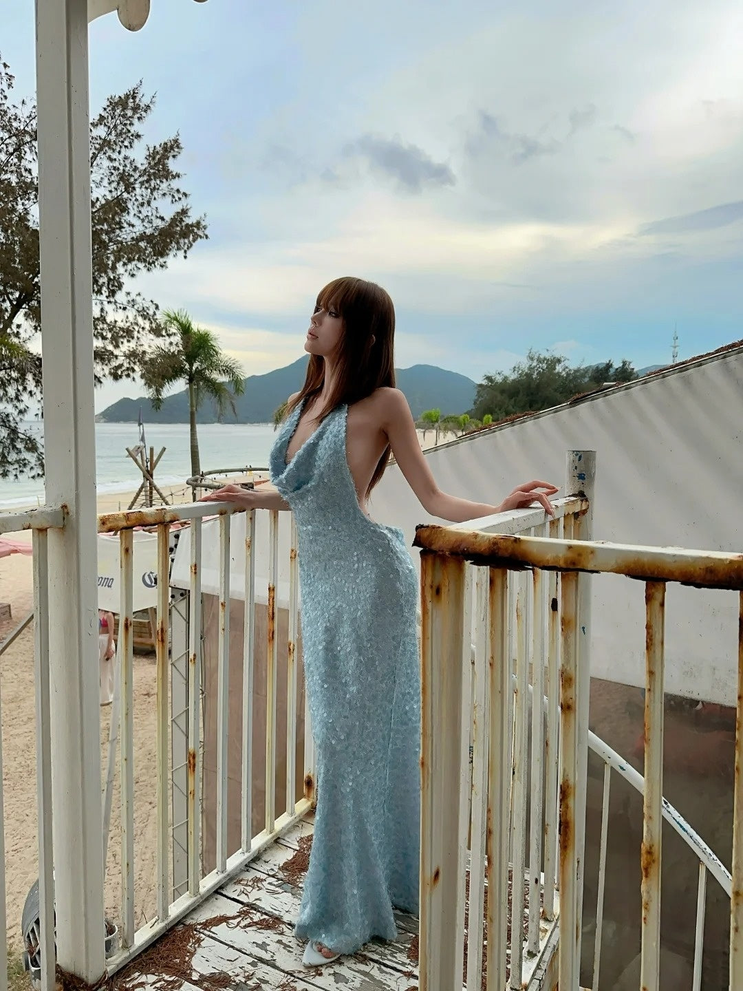 Glittery Mermaid Halter Light Blue With Backless Sequin Long Prom Dresses Inspiration 18th Birthday Outfits Formal Evening Dress N468