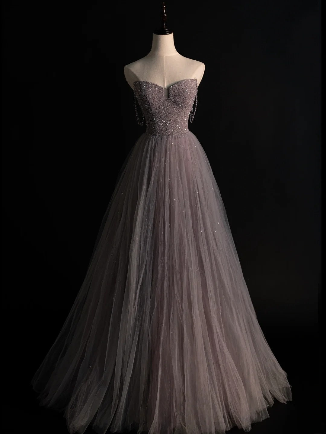 Elegantes, langes A-Linien-Abendkleid mit herzförmigem Ausschnitt, Perlenbesatz am Oberteil und Tüllstoff, formelles Abendkleid N573