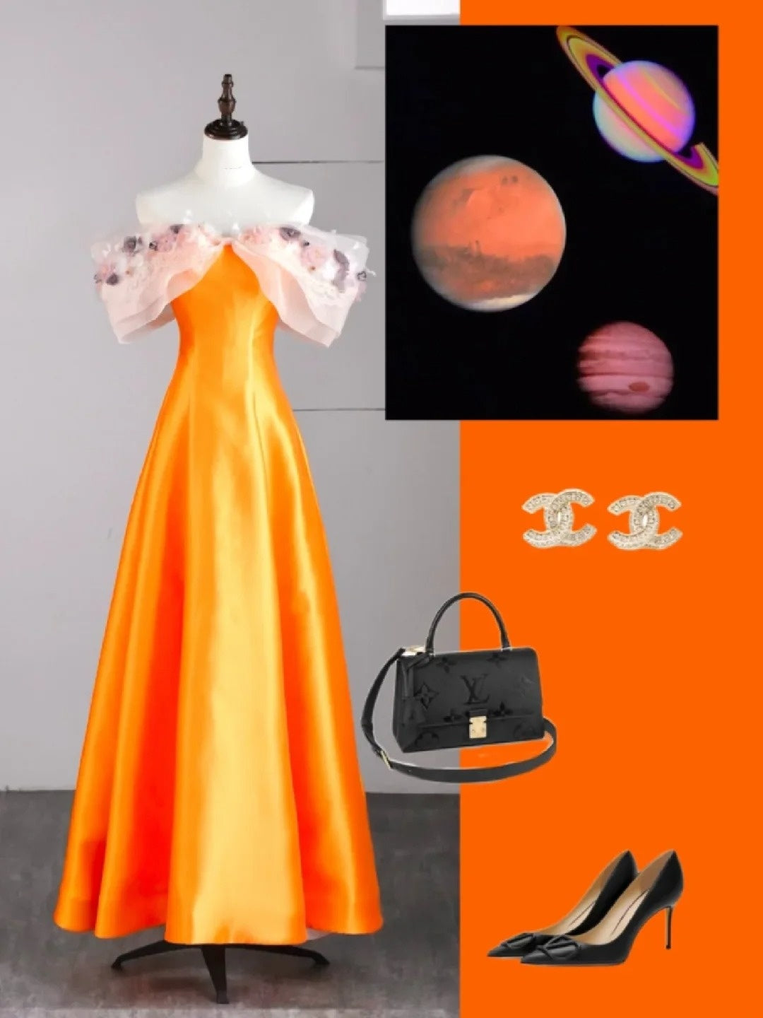 Elegantes, schulterfreies, orangefarbenes, appliziertes Satin-Abendkleid in A-Linie, N579