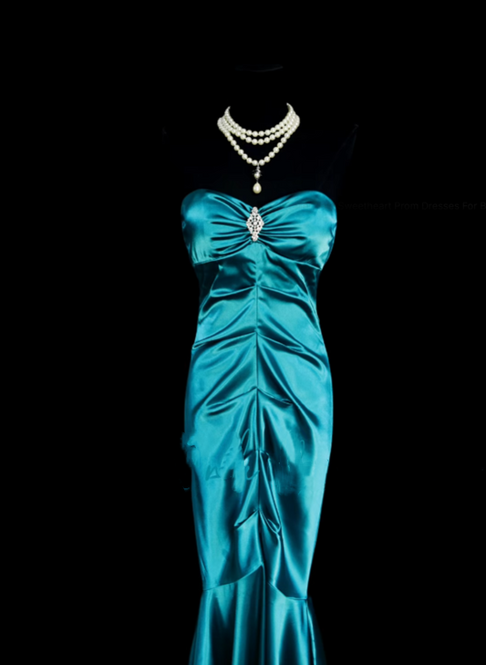 Klassisches, langes, plissiertes Meerjungfrauen-Abendkleid im Stil der 1950er Jahre aus blauem Satin, Modell N834