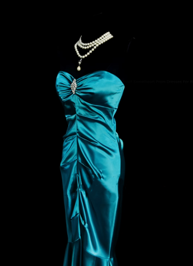 Klassisches, langes, plissiertes Meerjungfrauen-Abendkleid im Stil der 1950er Jahre aus blauem Satin, Modell N834