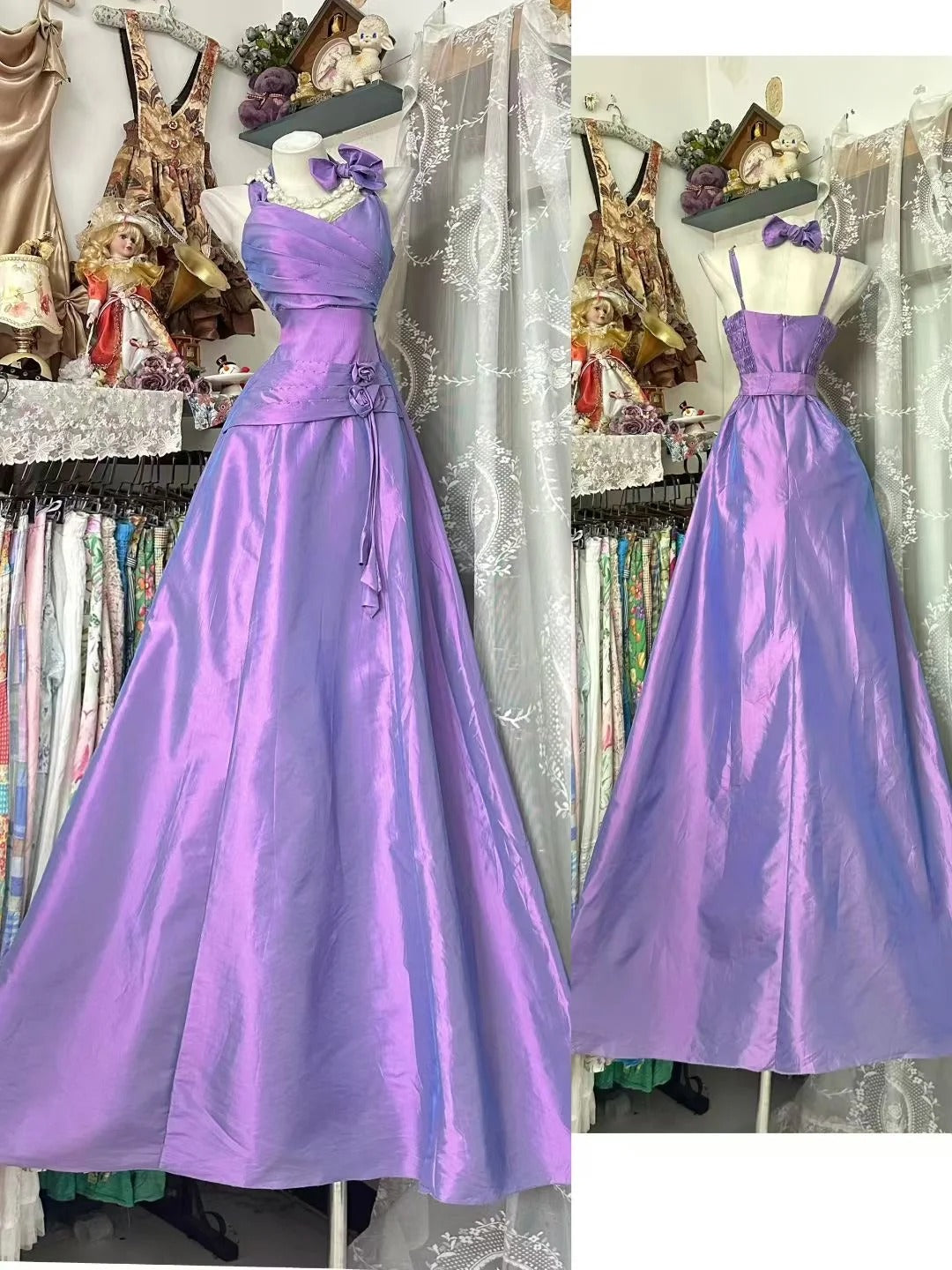 Elegantes, langes A-Linien-Abendkleid aus lila Taft mit Neckholder – perfekt für Partys, den 21. Geburtstag oder als Abschlusskleid (Modell N846).