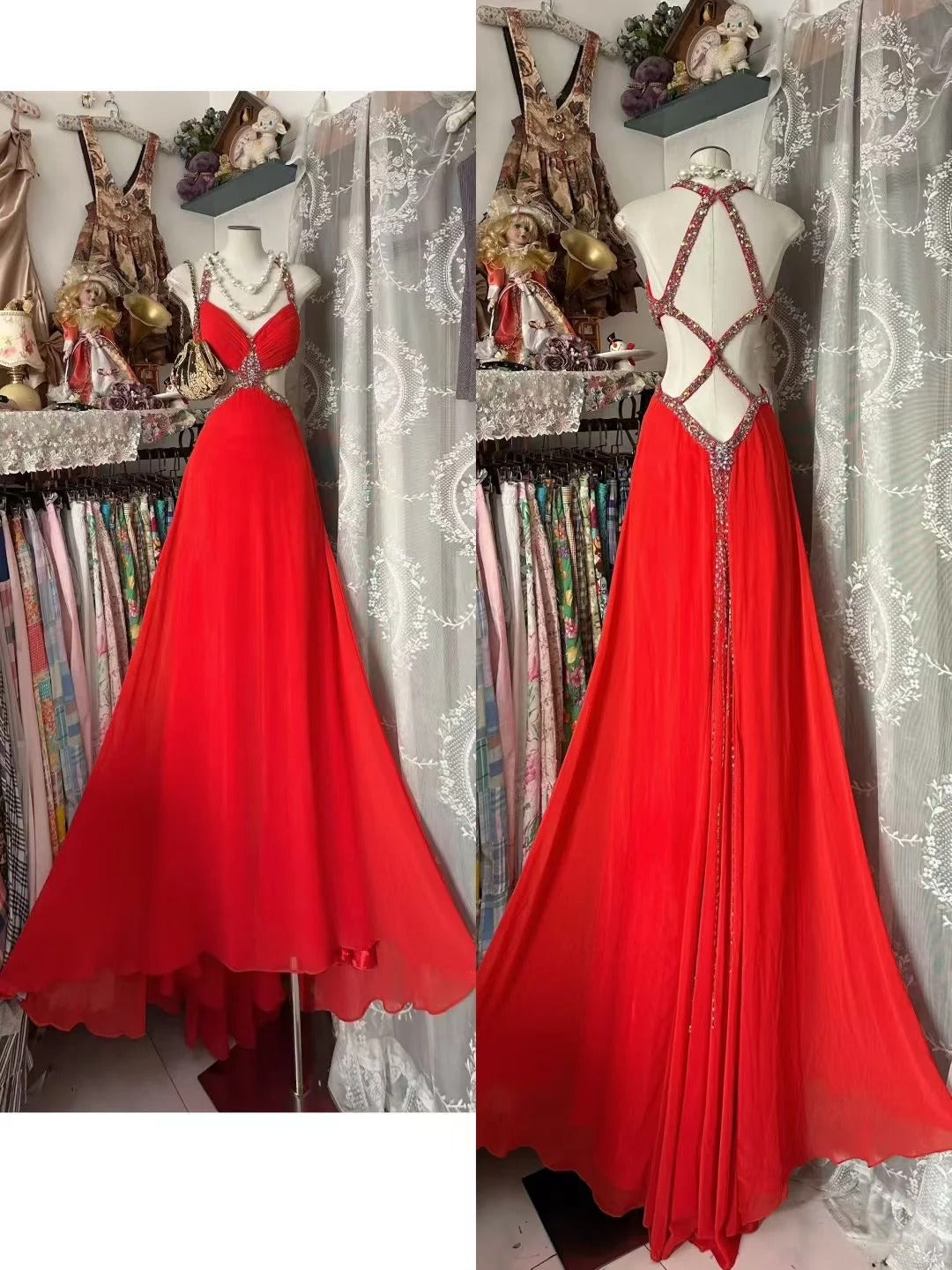 Klassisches, langes, rotes Chiffon-Abendkleid im Retro-Stil der 1950er Jahre mit A-Linien-Ausschnitt und Trägern (N838)