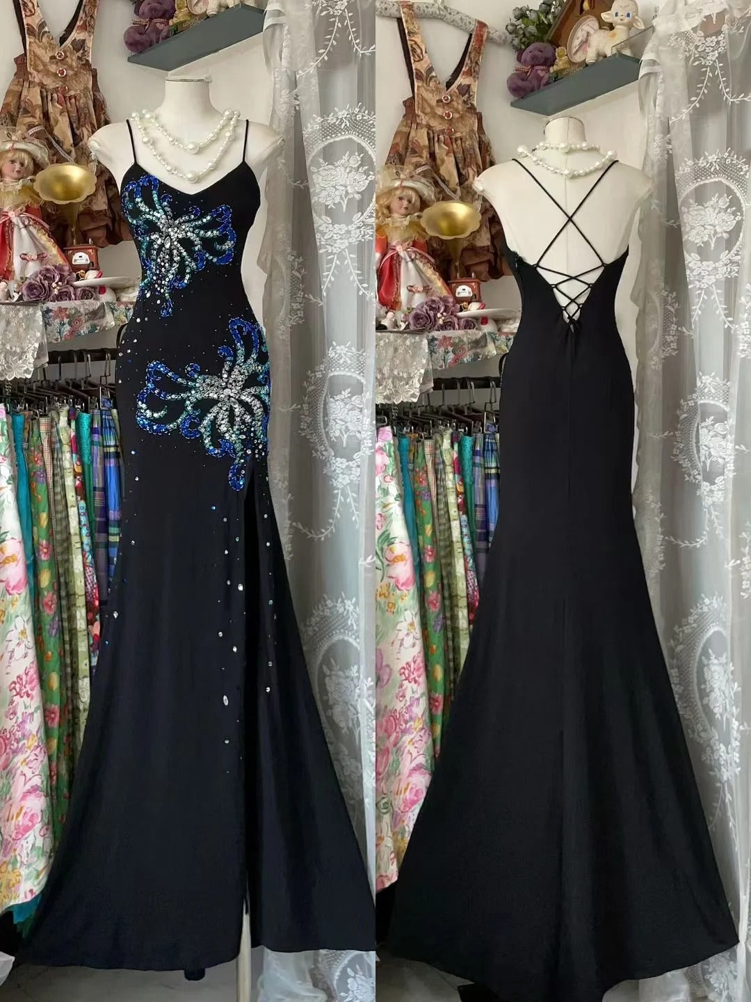 Klassisches, schwarzes, langes Meerjungfrauen-Abendkleid im Stil der 1950er Jahre mit Spaghettiträgern und Schlitz (Modell N839)