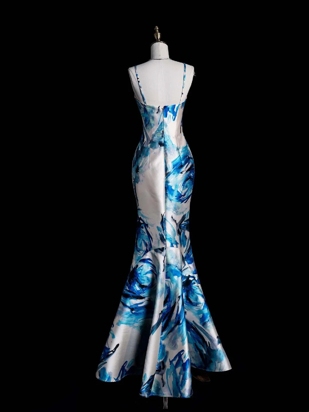 Elegantes Retro-Meerjungfrauenkleid mit Spaghettiträgern, floralem Muster, blauem Satin, 1950er-Jahre-Stil, Ballkleid, Abendkleid N853