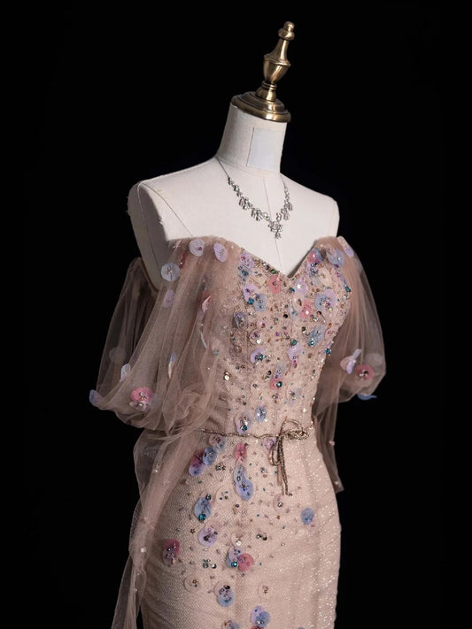 Elegantes, schulterfreies Meerjungfrauen-Abendkleid aus rosafarbenem Tüll, ideal für Partys, den 22. Geburtstag oder als Abschlusskleid (N866).