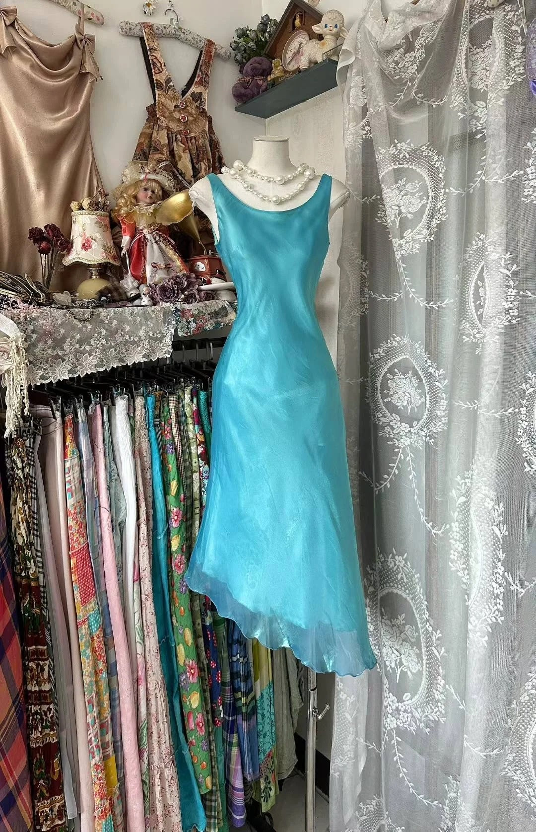 Robe de bal sirène rétro chic à col carré bleue courte style années 50 N867