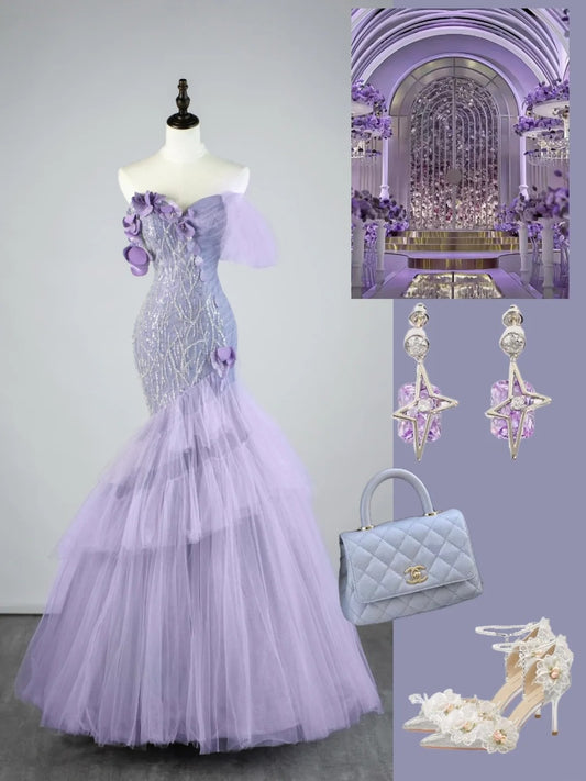 Elegantes, schulterfreies, langes Meerjungfrauen-Abendkleid aus lila Tüll – perfekt für Partys, den 22. Geburtstag oder als Abschlusskleid (N863).