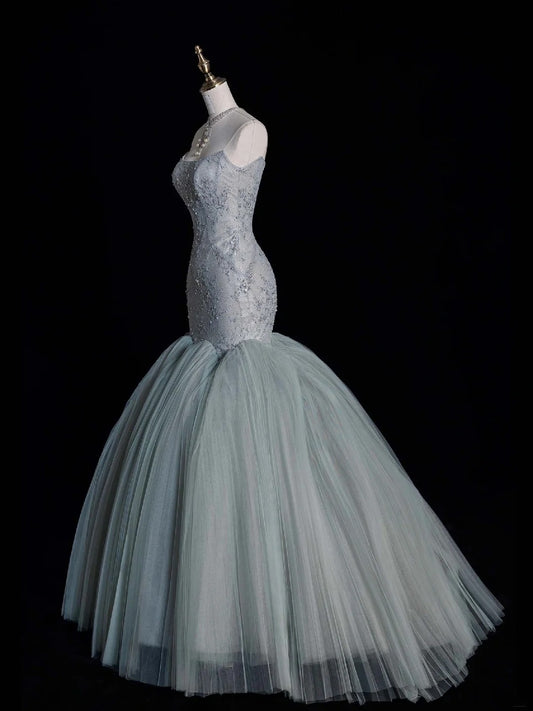 Elegantes, trägerloses, langes Meerjungfrauen-Abendkleid aus staubgrünem Tüll, ideal für Partys, den 22. Geburtstag oder als Abschlusskleid (N872).