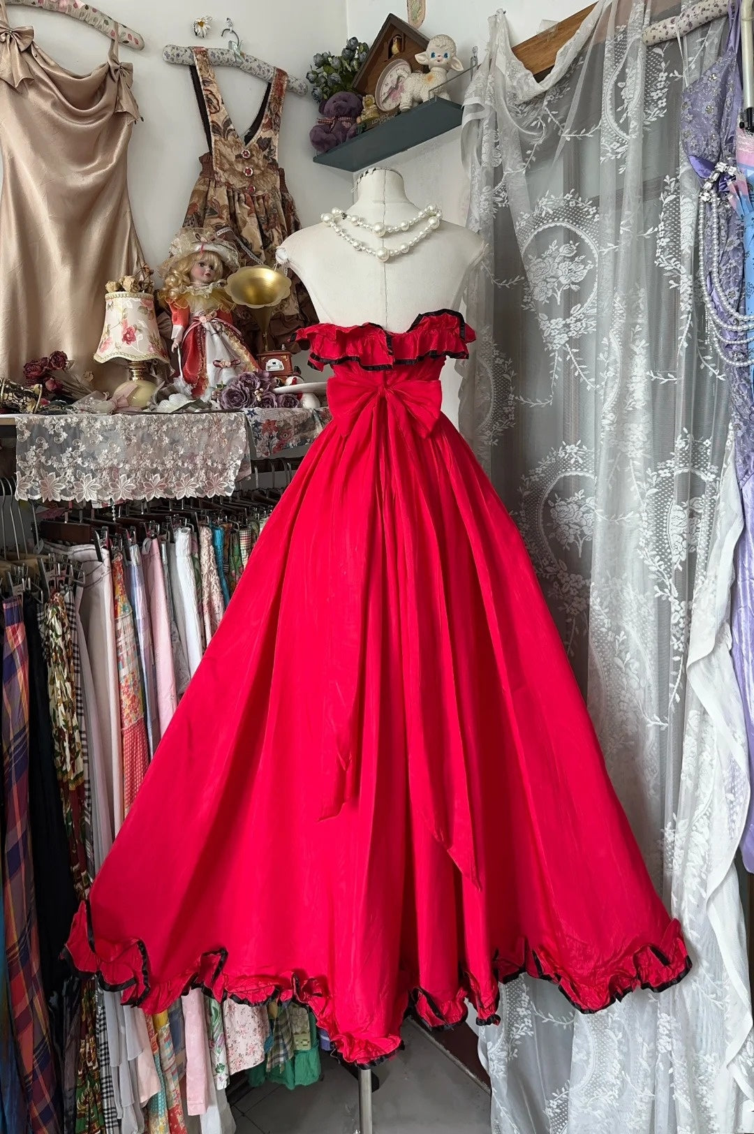 Classy Ball Gown Strapless Red Chiffon 2000s Tea Length Prom Dresses Formal Gowns N874