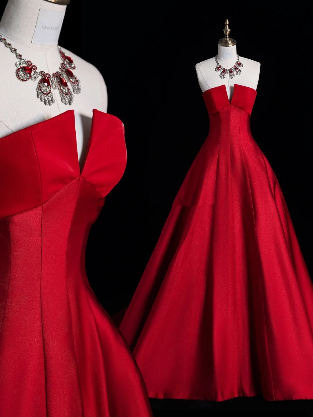 Elegante, trägerlose rote Satin-Abendkleider, Abschlussballkleider, Outfits zum 20. Geburtstag N935