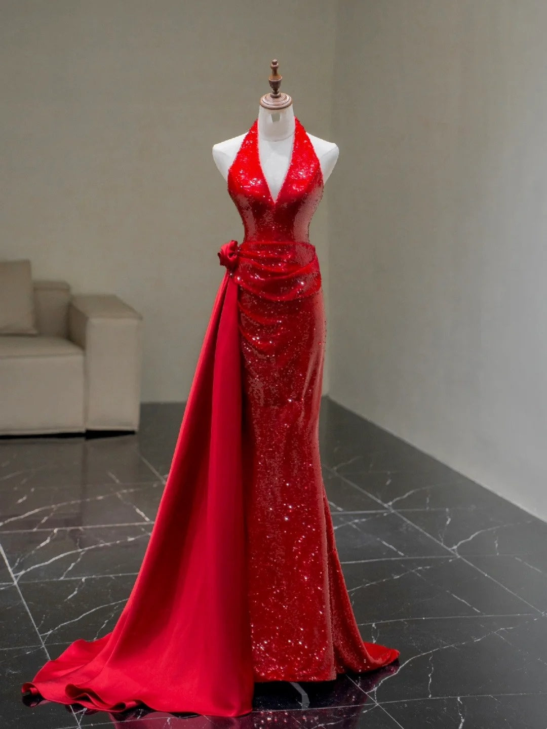Sparkly Mermaid Halter Red Sequins Long Party Dresses Prom Dresses Impress Formal Party Dress N941