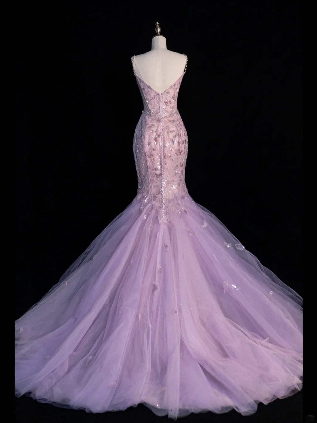 Robe de soirée longue lilas à fines bretelles et sequins, style sirène, N943