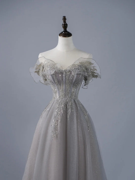 Sexy A-Linien-Abendkleid aus grauem Tüll mit schulterfreiem Ausschnitt und Ärmeln, langes Ballkleid, formelles Abendkleid N945