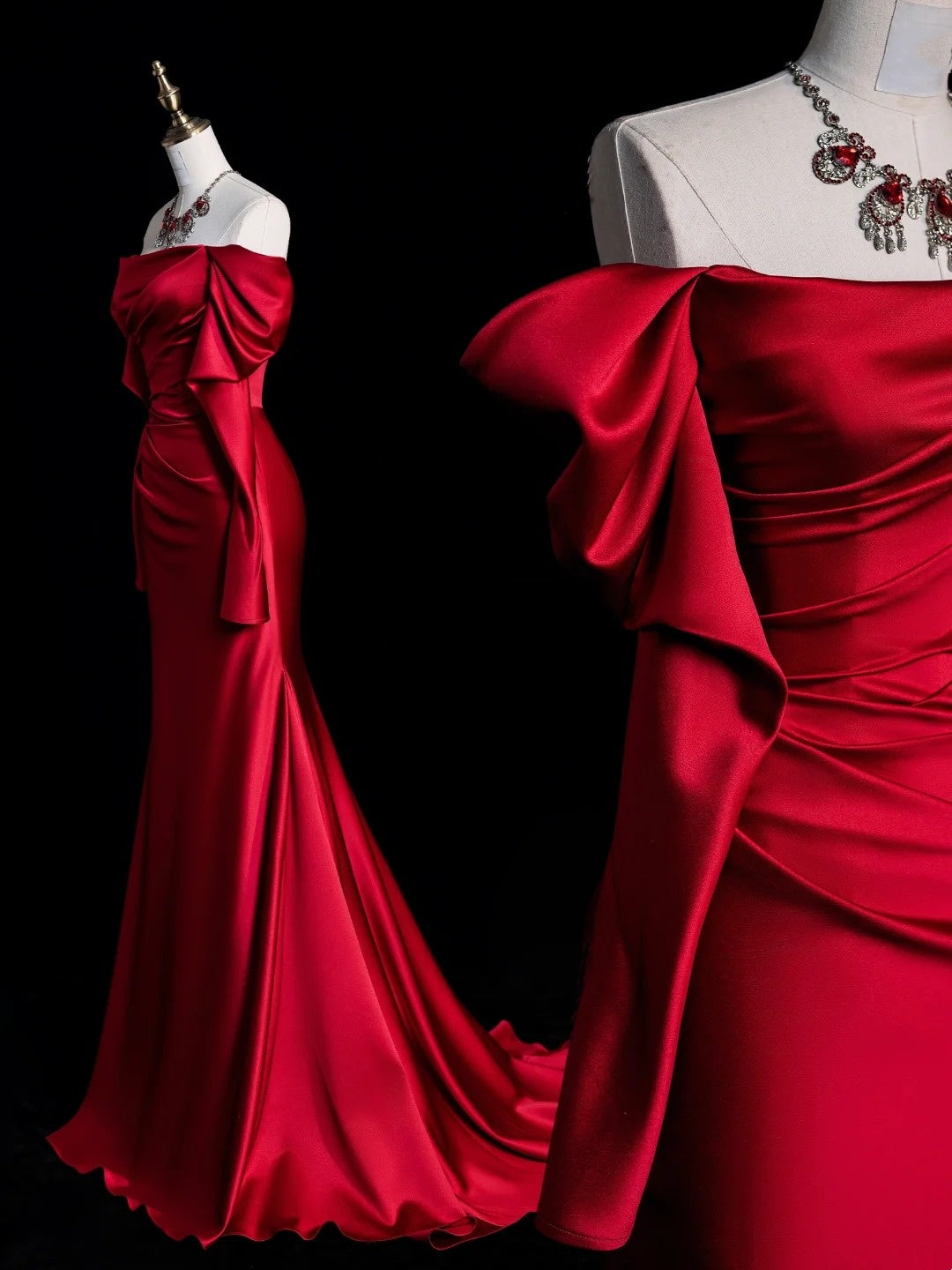 Robe de bal longue sirène sexy en satin rouge à épaules dénudées et manches longues, tenue de soirée formelle N933