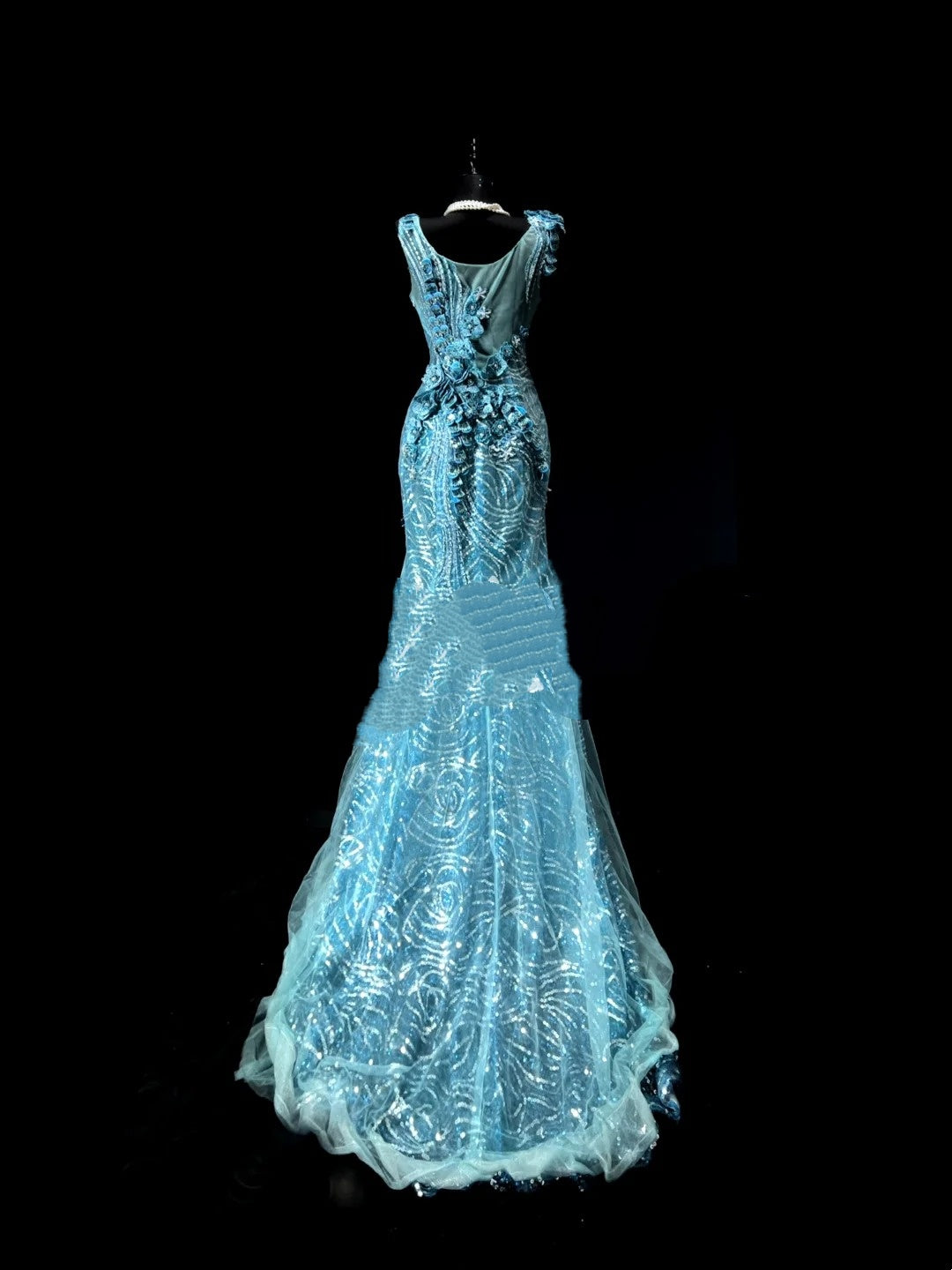Elegantes Meerjungfrauen-Abendkleid mit V-Ausschnitt, blauer Paillettenspitze, langes Partykleid, Ballkleid, beeindruckendes formelles Tanzkleid für Senioren N938