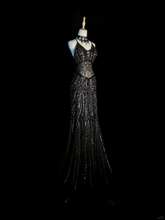 Elegantes, schwarzes Pailletten-Abendkleid mit Spaghettiträgern im Meerjungfrauenstil – ein beeindruckendes, formelles Partykleid (Modell N934)