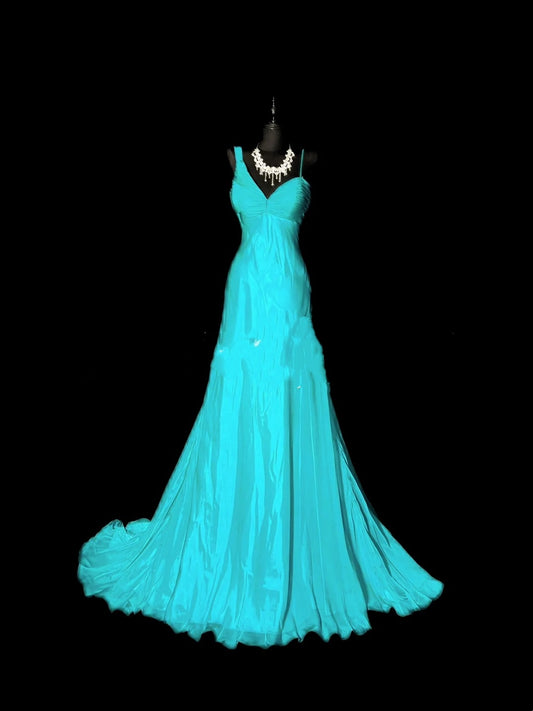 Unique A Line Blue Chiffon With Pleated Bodice 1950s Long Prom Dresses Party Dress 18th Birthday Outfits N968