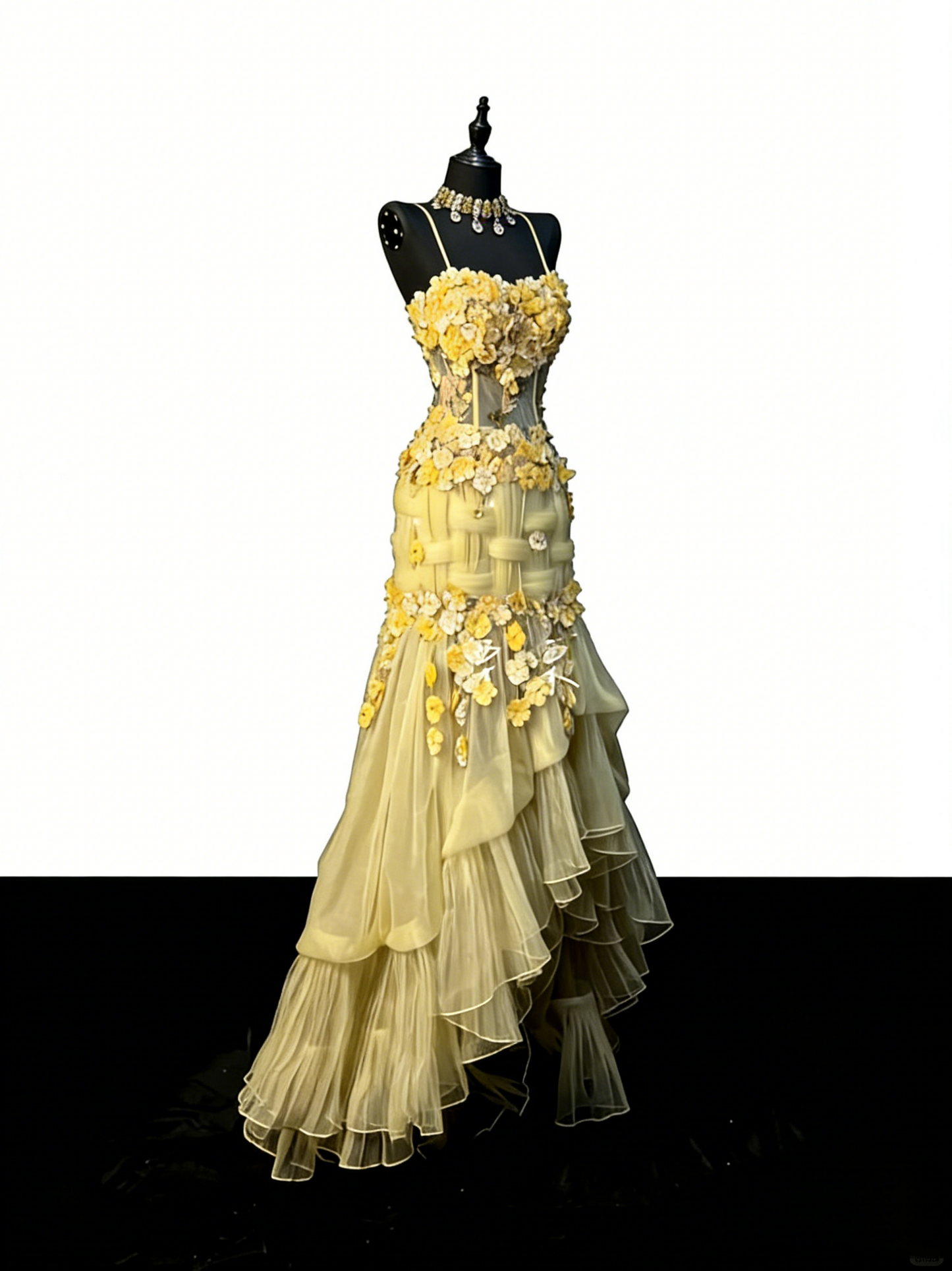 Robe de bal longue sirène unique à fines bretelles et fleurs en tulle jaune, style années 50, idéale pour une soirée d'anniversaire de 18 ans (N971)