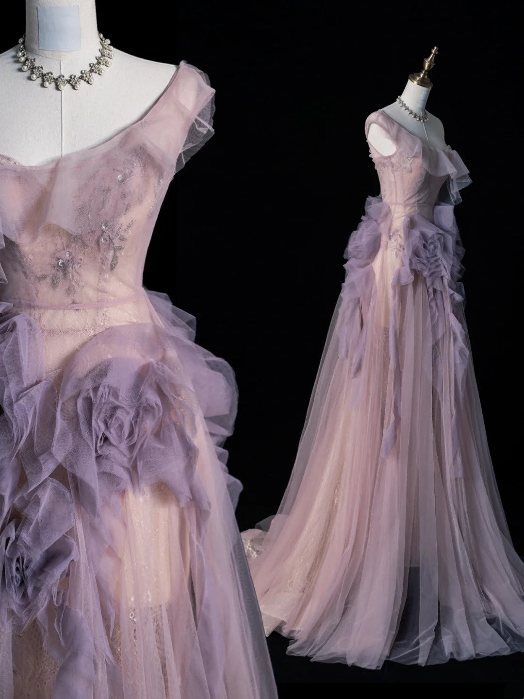 Modest Ball Gown Scoop Tulle Lilac With Appliques Bodice College Formal Outfit Long Prom Graduation Dresses N1211
