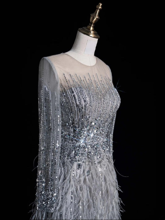 Modest A line Scoop Neck Silver Grey With Featrhers College Formal Outfit Long Prom Graduation Dresses N1210