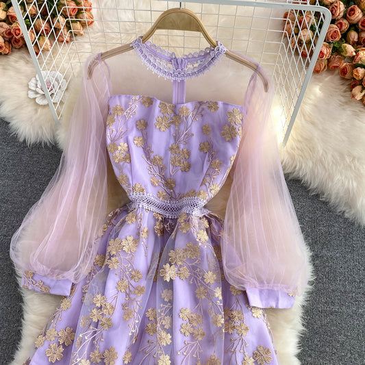 Purple Lace Tulle Long Sleeve Dress Fashion Dress RF0361