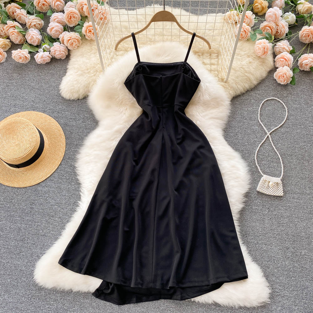Schwarzes A-Linien-Kleid mit unregelmäßigem Schnitt, modisches Kleid RF0321