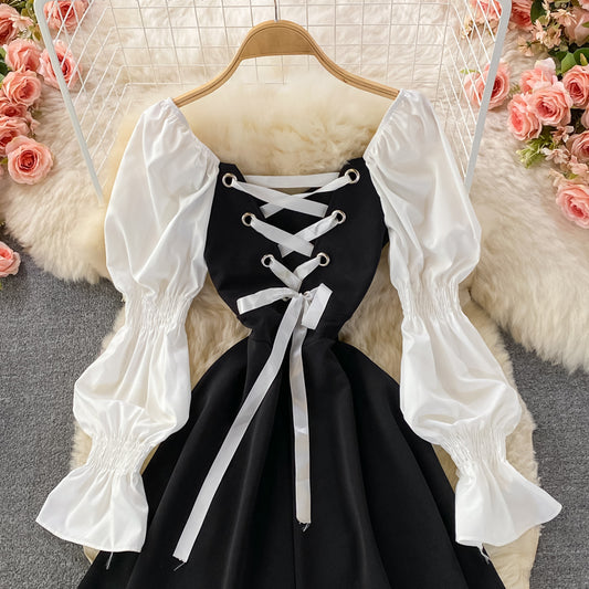 Black Long Sleeve Dress A Line Lace Up Dress RF0300