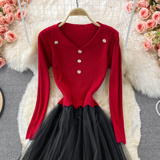 Lovely Knitted Patchwork Tulle Dress A Line Fashion Dress RF0299