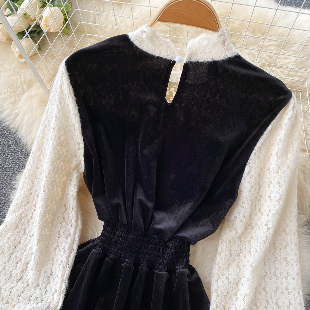 Schwarzes Samt-Spitzenkleid A-Linie Langarm-Modekleid RF0290