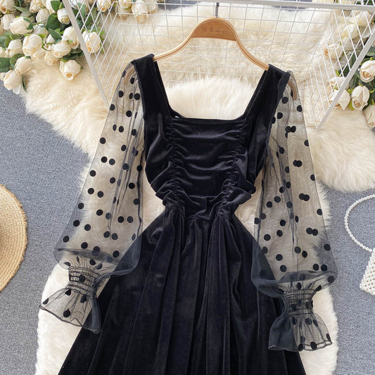 Cute Velvet Long Sleeve Dress Black Fashion Dress RF0289