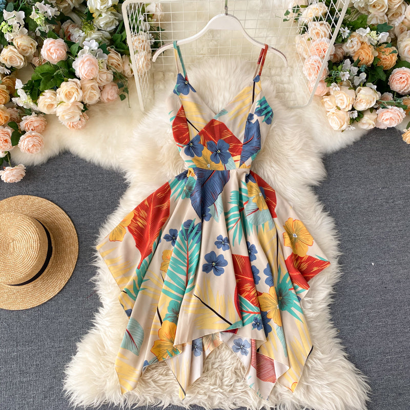 Robe courte à épaules dénudées et motif floral, style irrégulier, RF0274