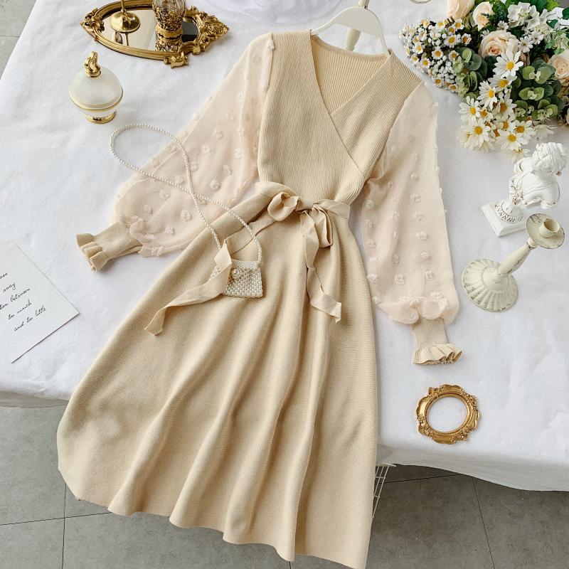 A-line Chiffon Sleeve Stitching Knit Dress V Neck Fashion Dress RF0267