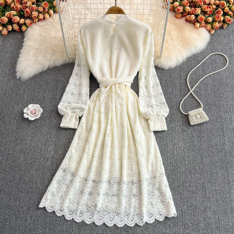 Elegantes Spitzenkleid mit V-Ausschnitt, A-Linie, langärmeliges Kleid, Pulloverkleid RF0249