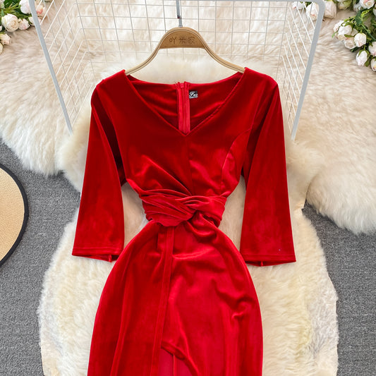 Stylish V Neck Velvet Long Dress Fashion Dress RF0246