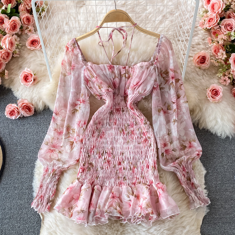 Rosa Blumenkleid, schmales Kleid, Langarmkleid, sexy Kleid RF0242