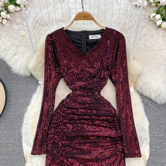 Sexy V Neck Sequins Long Sleeve Dress Fashion Dress RF0214