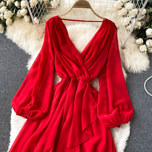 Red V Neck Chiffon Long Sleeve Dress A Line Fashion Dress RF0213
