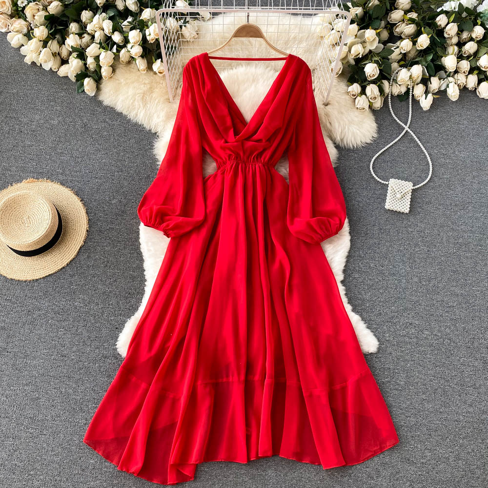 Robe rouge en mousseline à manches longues et col en V, coupe trapèze, RF0213