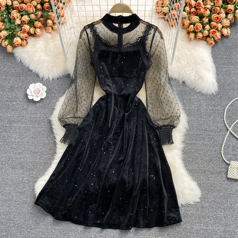 Black Velvet Lace Short Dress Black Fashion Dress RF0212