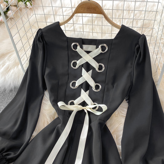 Black A Line Lace Short Dress Lace-up Fashion Dress RF0198