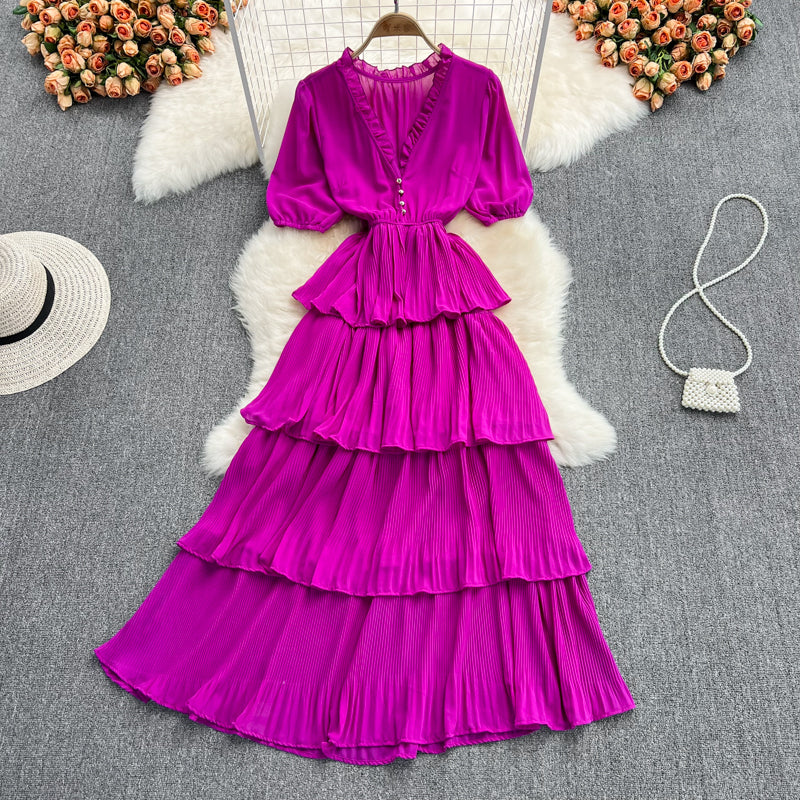 Robe longue en mousseline à col en V et à la mode RF0189