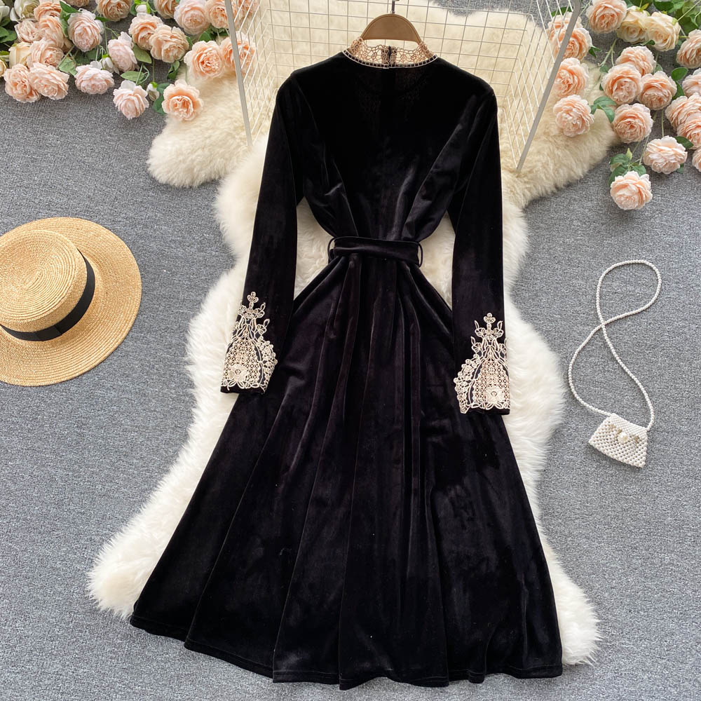Black Velvet Lace Long Sleeve Dress Fashion Dress RF0188