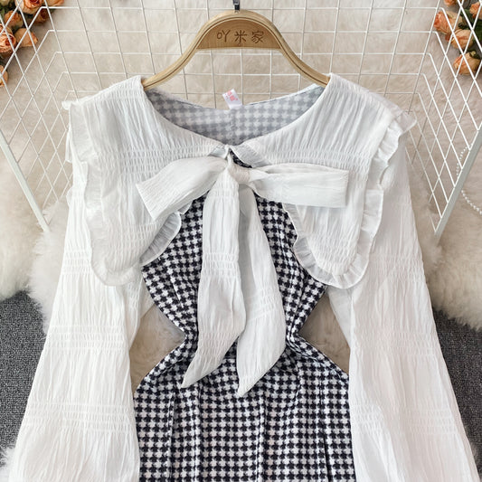 Cute Houndstooth Long Sleeve Dress A Line Fashion Dress RF0185
