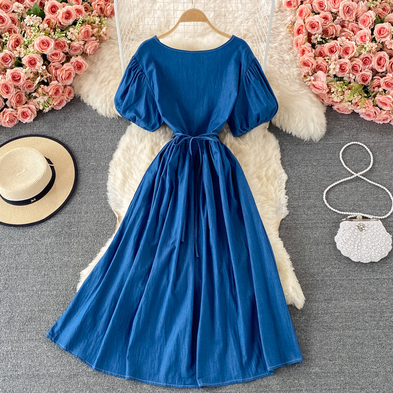 Robe en jean simple à décolleté en V, coupe trapèze, RF0182