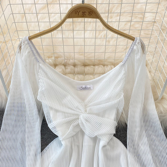 White V Neck Short Dress A Line Long Sleeve Dress RF0176