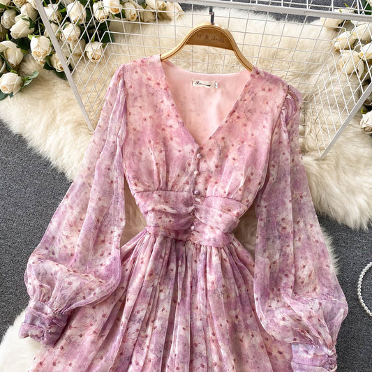 Pink V-neck Floral Short Dress A Line Fashion Dress RF0171