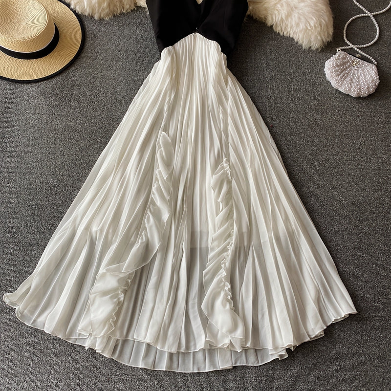 Süßes A-Linien-Kleid mit V-Ausschnitt, schwarz-weiß, modisches Kleid RF0169