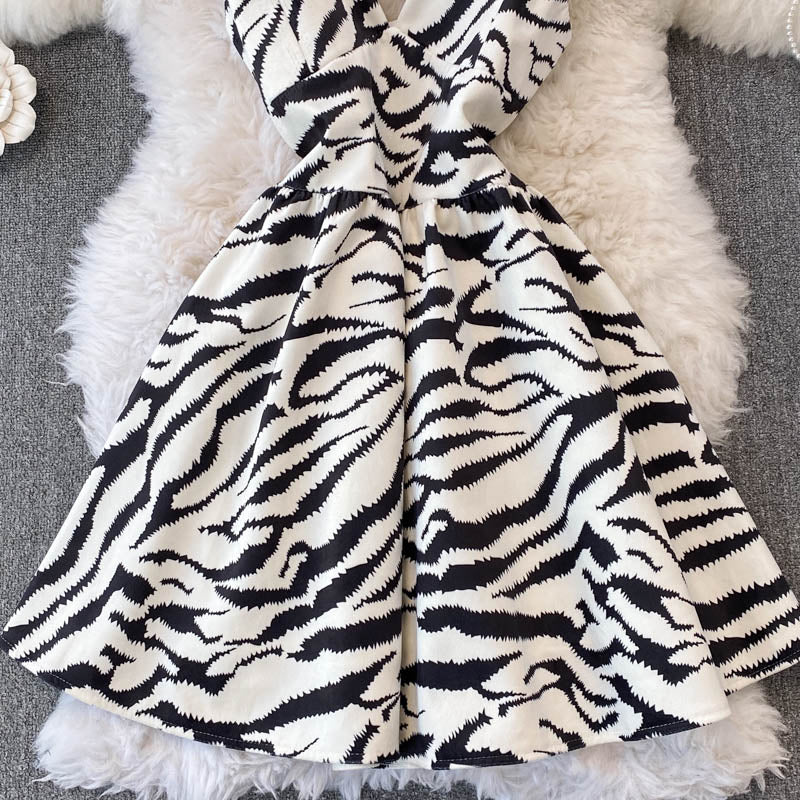 Cute V-neckline Zebra Print Short Dress RF0158