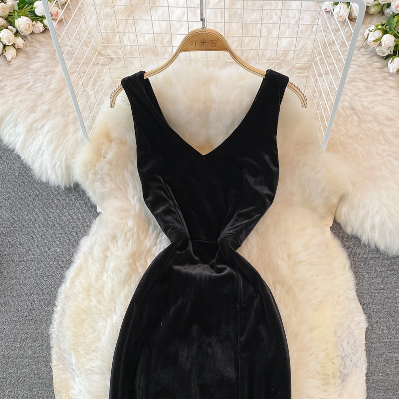 Robe longue sexy en velours à col en V, robe tendance RF0151